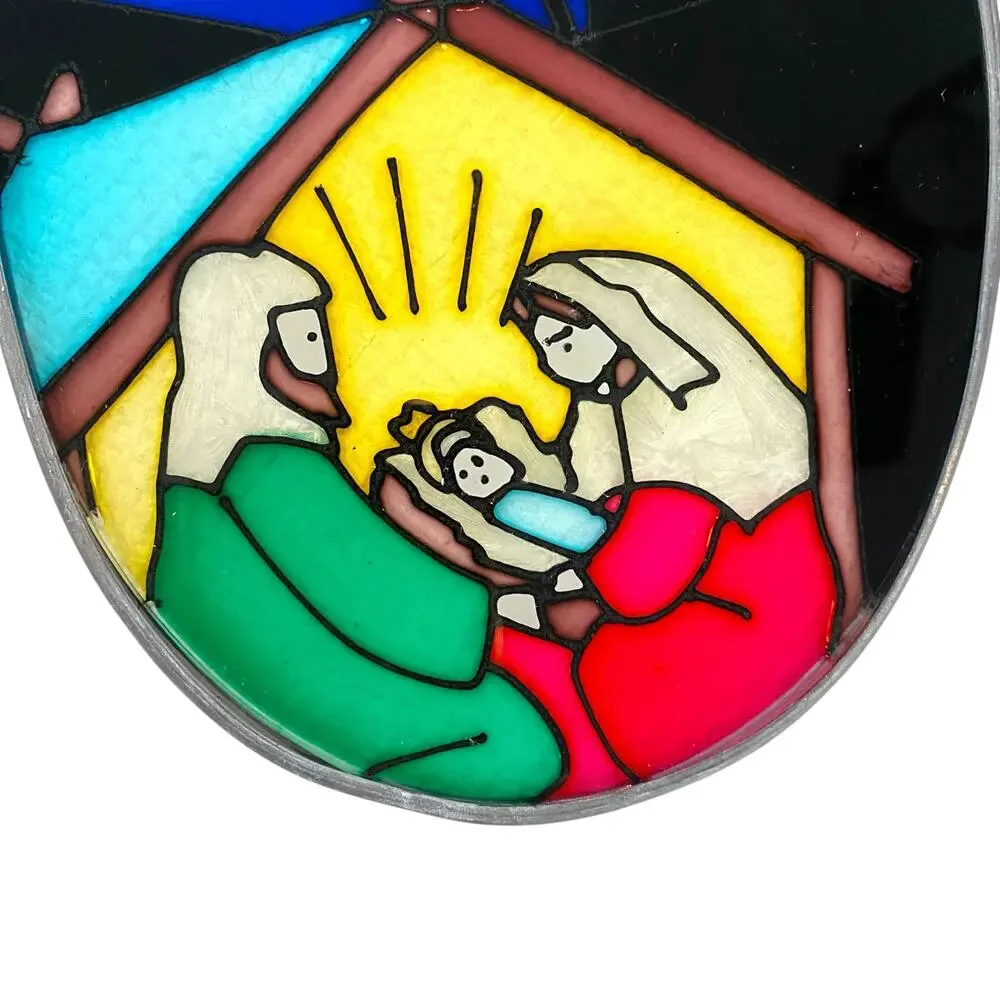 Stained Glass Nativity Set Wall Decor Baby Jesus in Manger Joseph Mary Holy